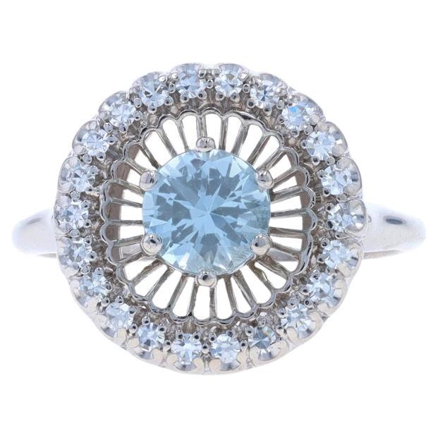 White Gold Aquamarine & Diamond Vintage Halo Ring - 18k Round .83ctw