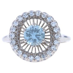 White Gold Aquamarine & Diamond Vintage Halo Ring - 18k Round .83ctw