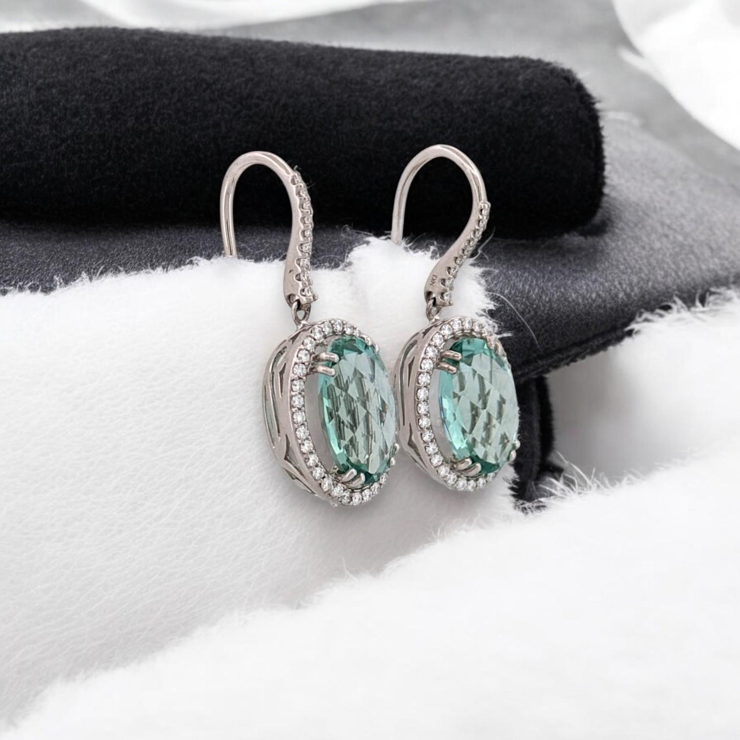 Oval Cut Aurora  White Gold Aquamarine Earrings, 14K Drop Earrings with Diamond Halo For Sale