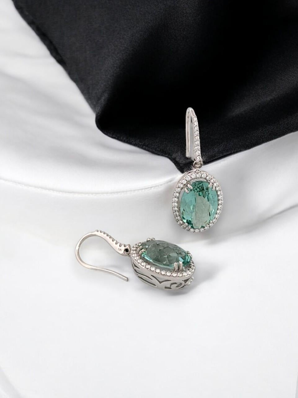 Aurora  White Gold Aquamarine Earrings, 14K Drop Earrings with Diamond Halo In New Condition For Sale In Greeneville, TN