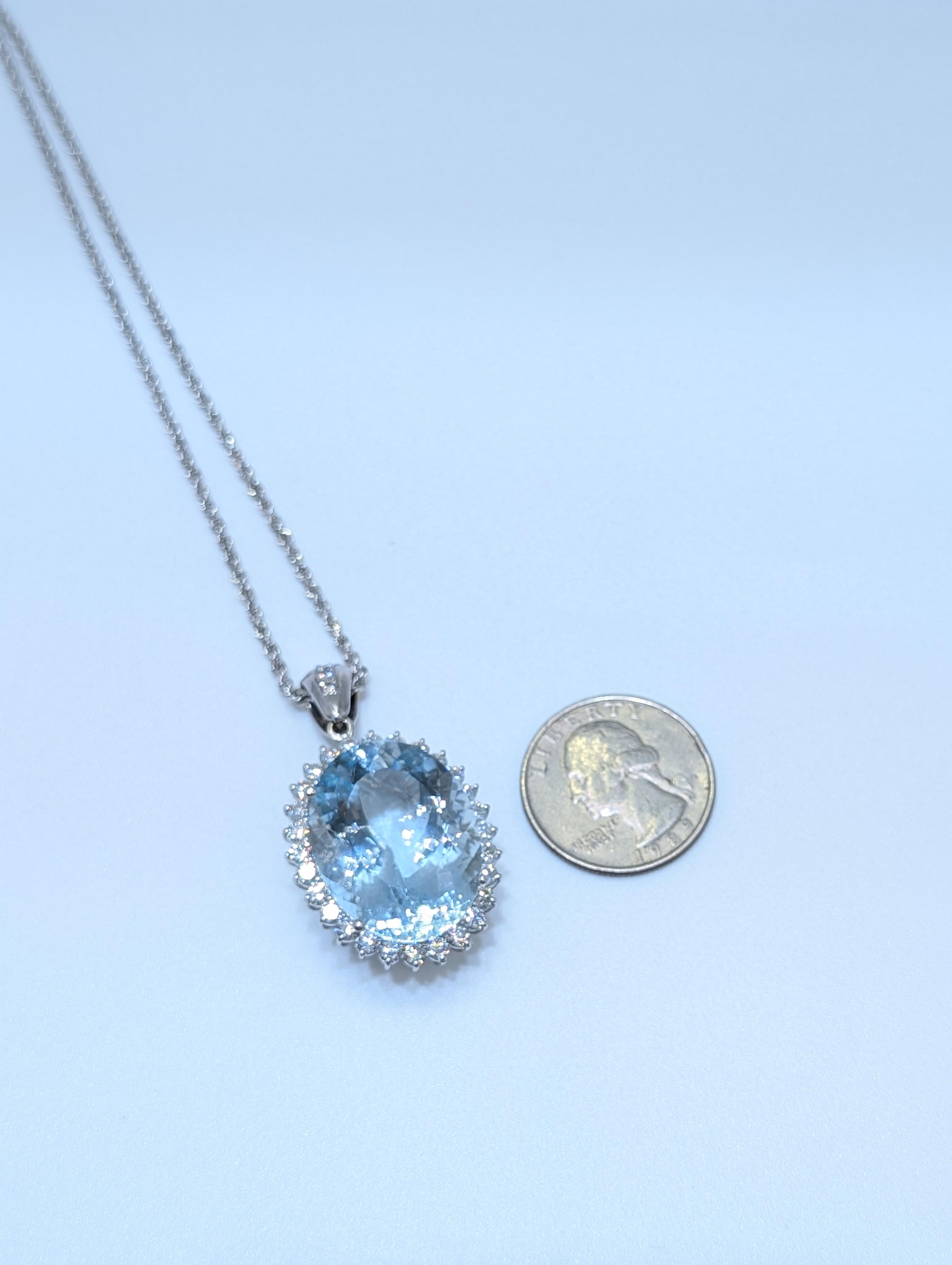 White Gold Aquamarine Pendant Set In Halo Setting For Sale 1