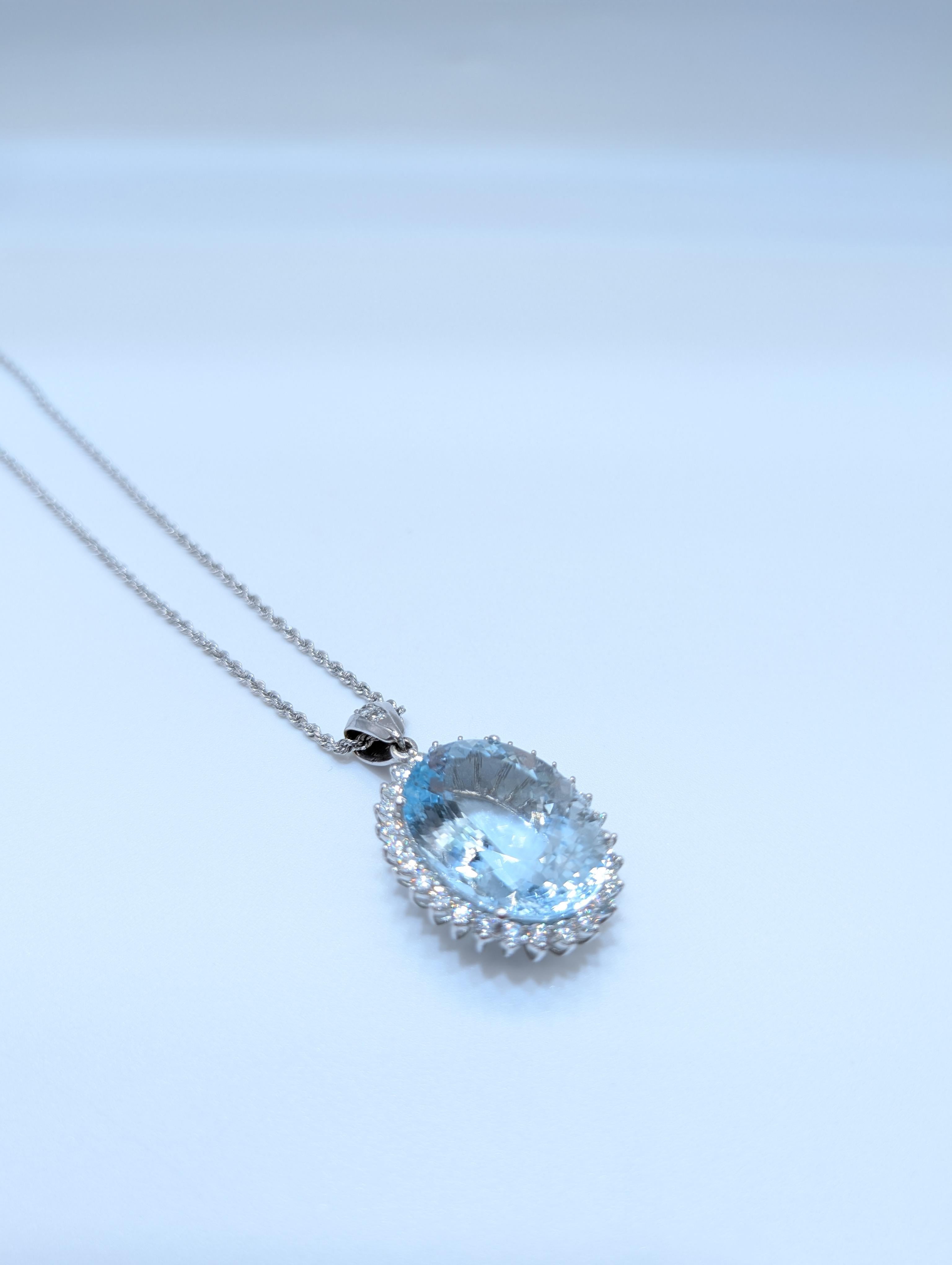 White Gold Aquamarine Pendant Set In Halo Setting For Sale 2