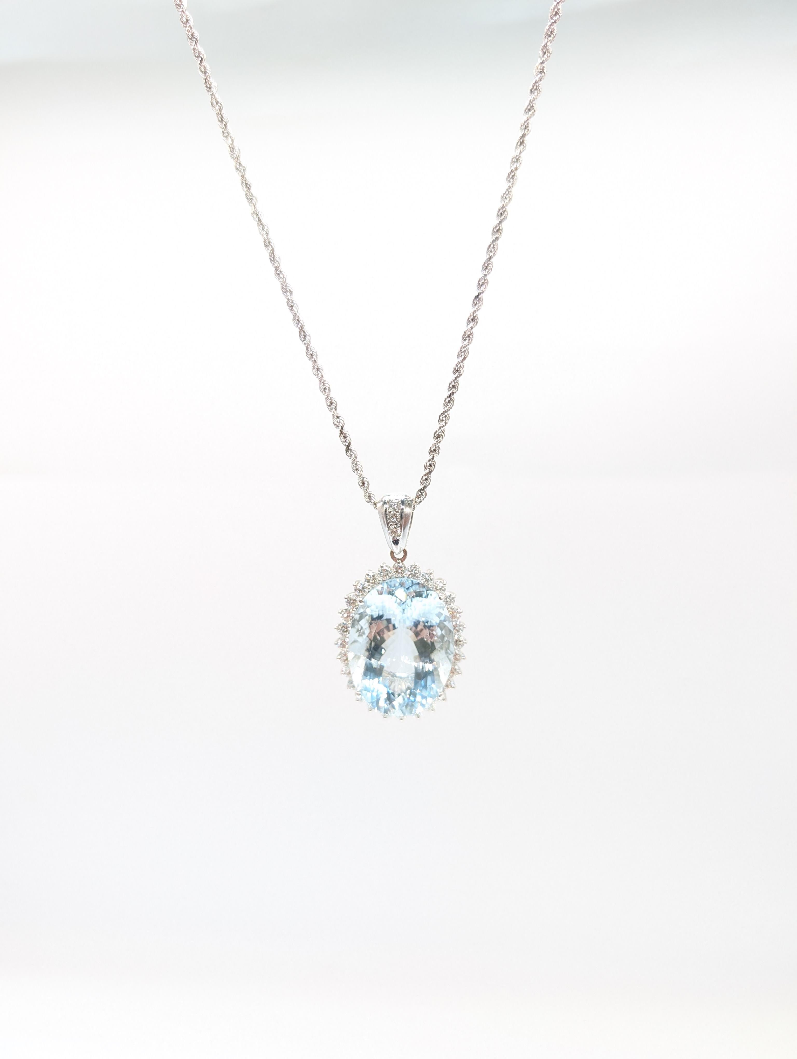 White Gold Aquamarine Pendant Set In Halo Setting For Sale 3