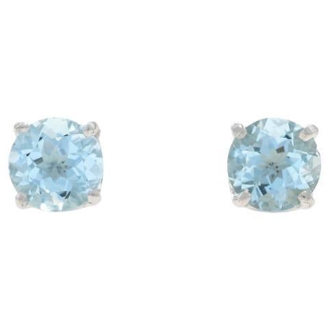 White Gold Aquamarine Stud Earrings - 10k Round 1.20ctw Pierced