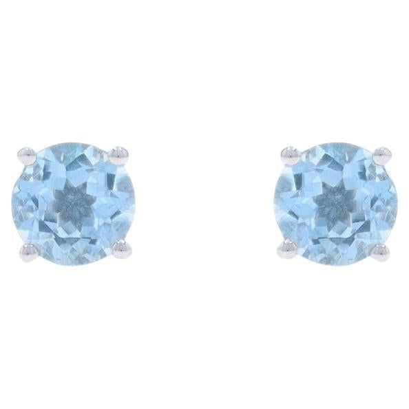 White Gold Aquamarine Stud Earrings - 14k Round 1.54ctw Milgrain Pierced