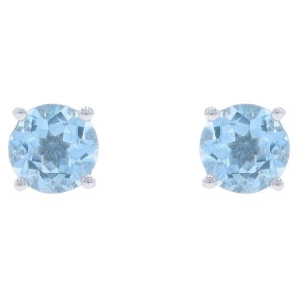 Clous d'oreilles aigue-marine ronde en or blanc 14 carats 1,54 carat poids total percé