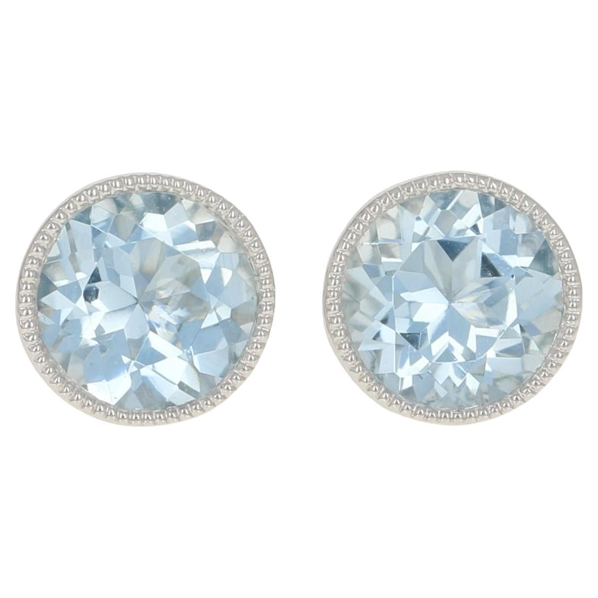 Boucles d'oreilles aigue-marine en or blanc - 14k Taille ronde 1.54ctw Milgrain Pierced en vente