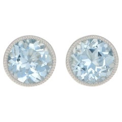 Boucles d'oreilles aigue-marine en or blanc - 14k Taille ronde 1.54ctw Milgrain Pierced