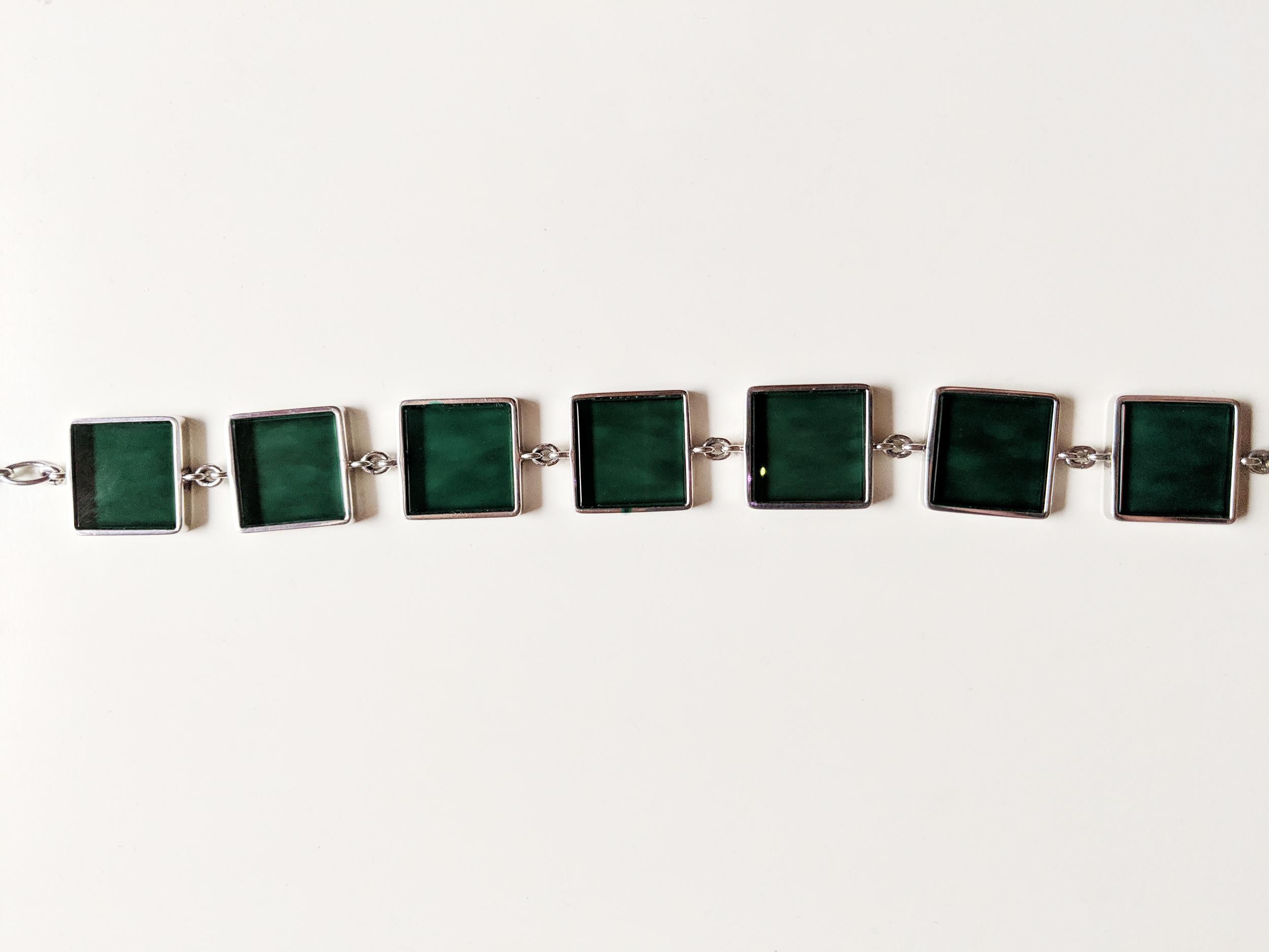 Featured in Vogue White Gold Art Deco Style Bracelet with Dark Green Quartzes For Sale 4