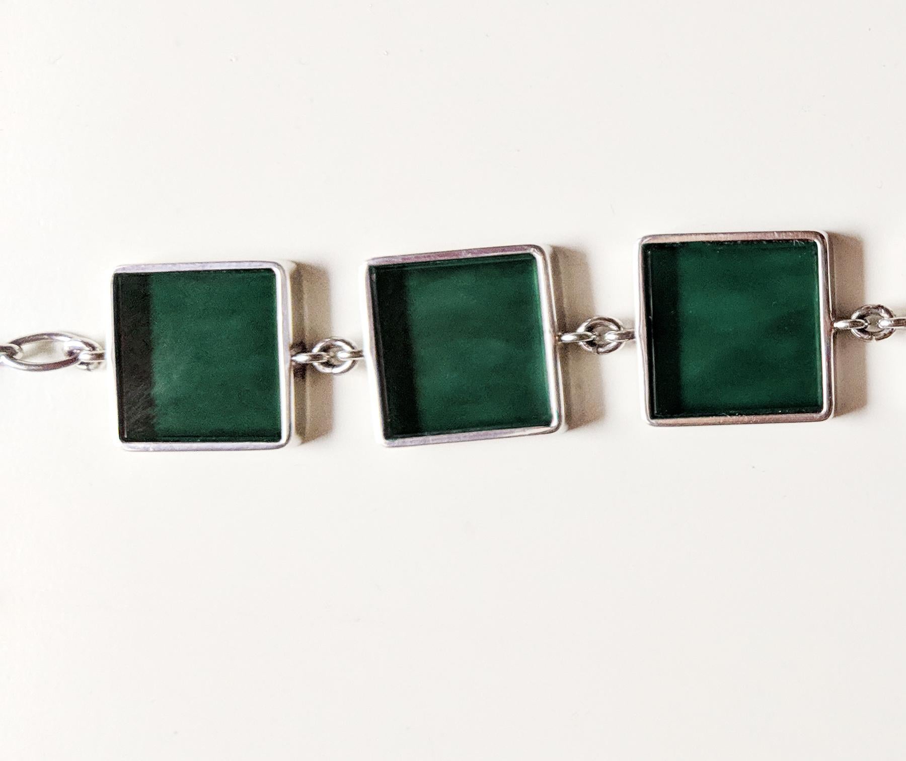 Featured in Vogue White Gold Art Deco Style Bracelet with Dark Green Quartzes For Sale 3