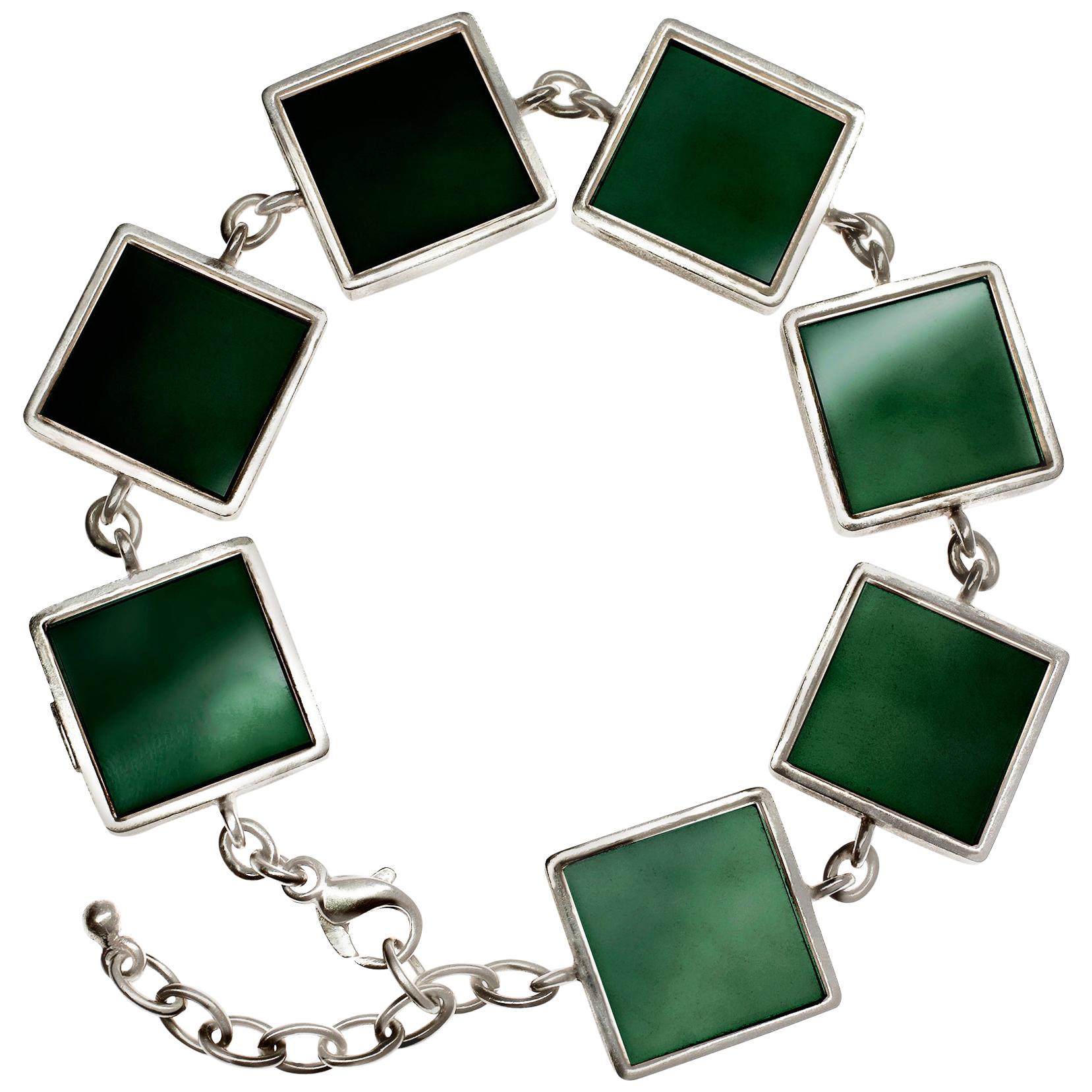 Featured in Vogue White Gold Art Deco Style Bracelet with Dark Green Quartzes