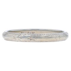 White Gold Art Deco Etched Floral Wedding Band - 18k Ring SZ 7 1/2
