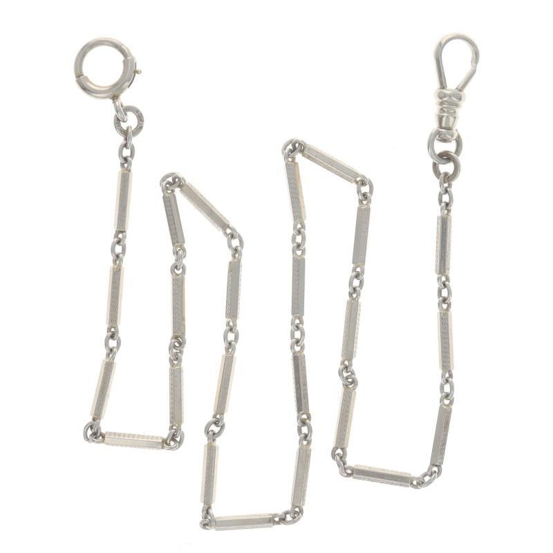 Design:  pocket watch chain
Era: Art Deco

Metal Content: 14k White Gold

Style: Pocket Watch Chain
Chain Style: Fancy Long & Short
Fastening Type: Spring Ring Clasp & Carabiner Clasp
Features: Textured Detailing

Measurements

Chain Width: 1/8