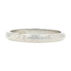 White Gold Art Deco Floral Wedding Band, 18k Vintage Milgrain Ring