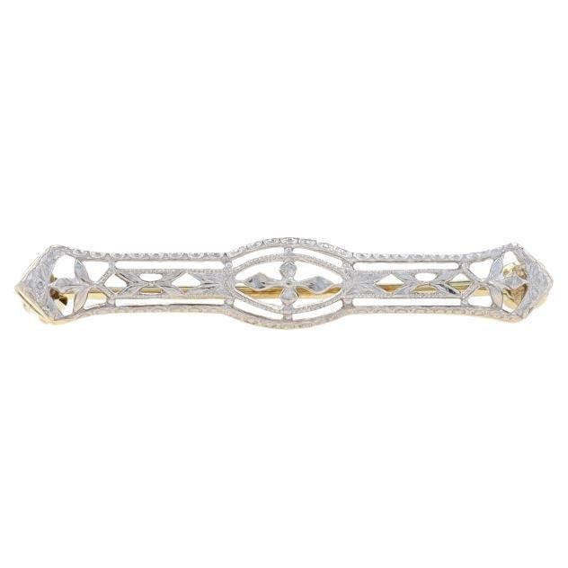 White Gold Art Deco Lingerie Bar Pin - 14k Vintage Filigree Milgrain For Sale