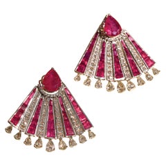 White Gold Art Deco Studs with 20 Carat Ruby and 4.52 Carat Diamond