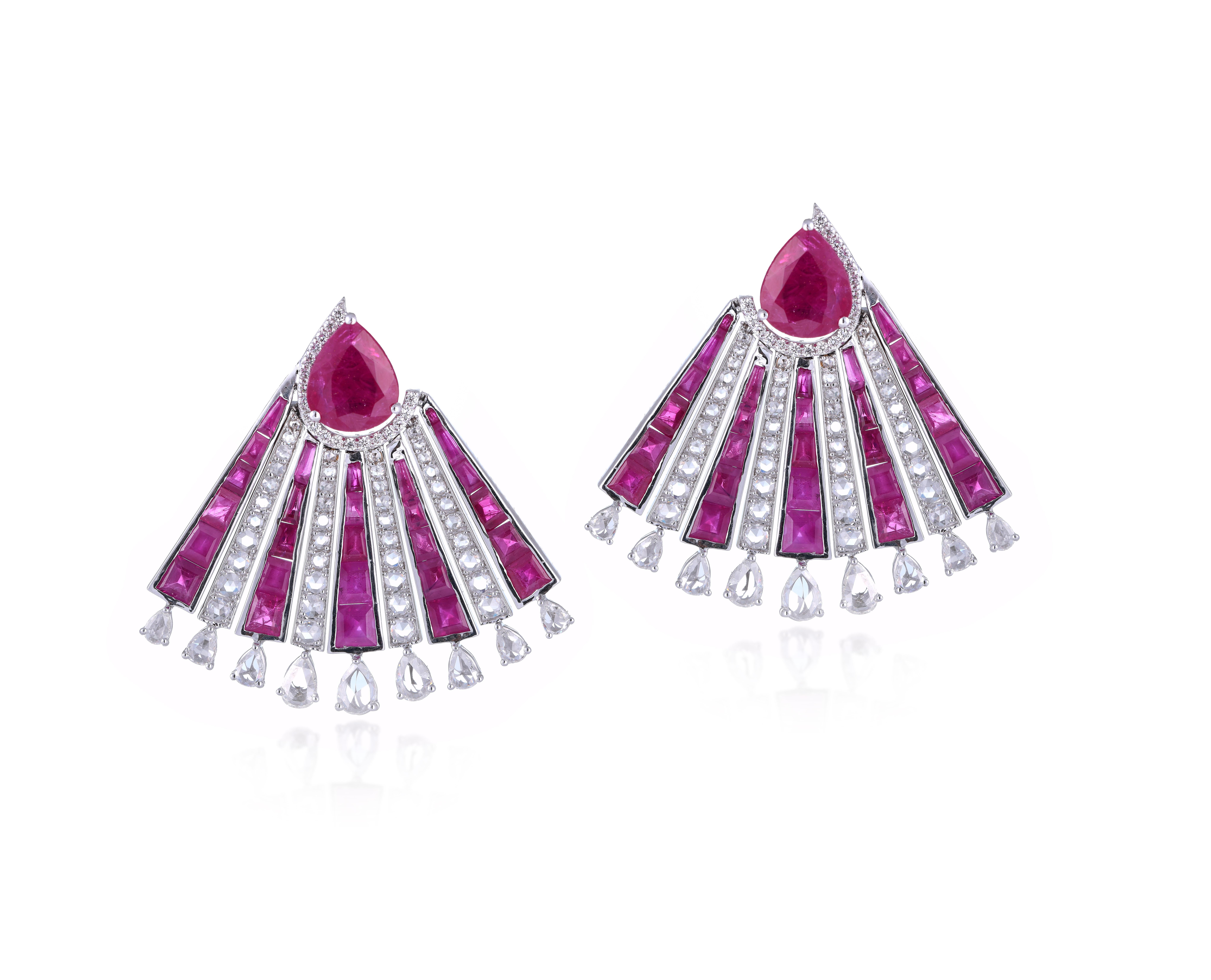 Rose Cut White Gold Art Deco Studs with 20 Carat Ruby and 4.52 Carat Diamond For Sale