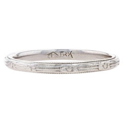 White Gold Art Deco Wedding Band 18k Floral Vintage Etched Milgrain Ring 5 1/4