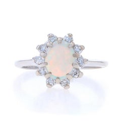 White Gold Australian Opal Diamond Halo Ring - 14k Oval Cabochon .95ctw Floral