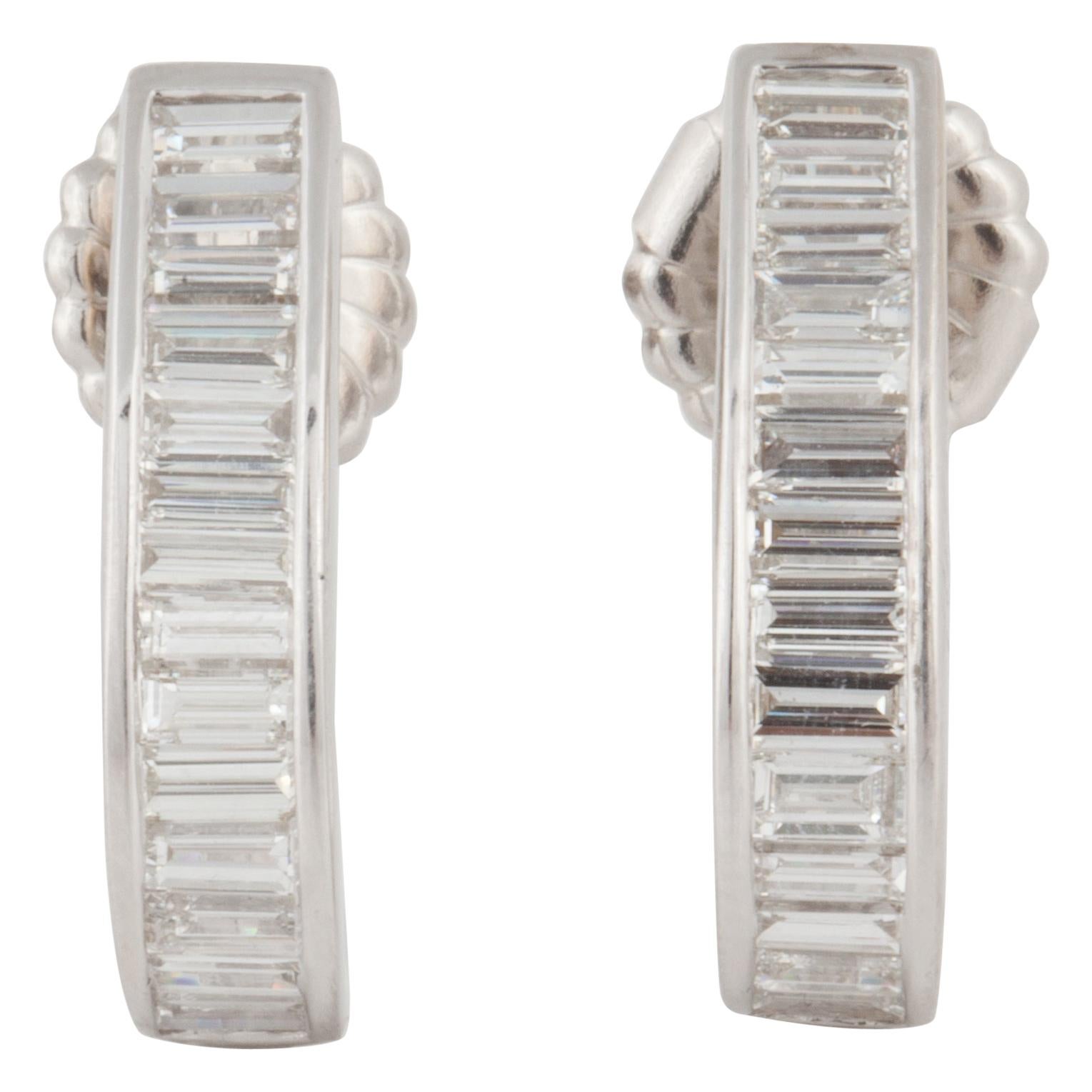 Baguette Diamond Half Hoop Earrings in 18K White Gold