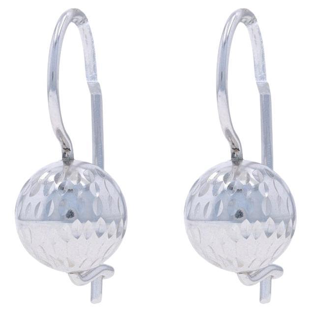 White Gold Ball Drop Earrings - 14k Orb Etched Israel Pierced