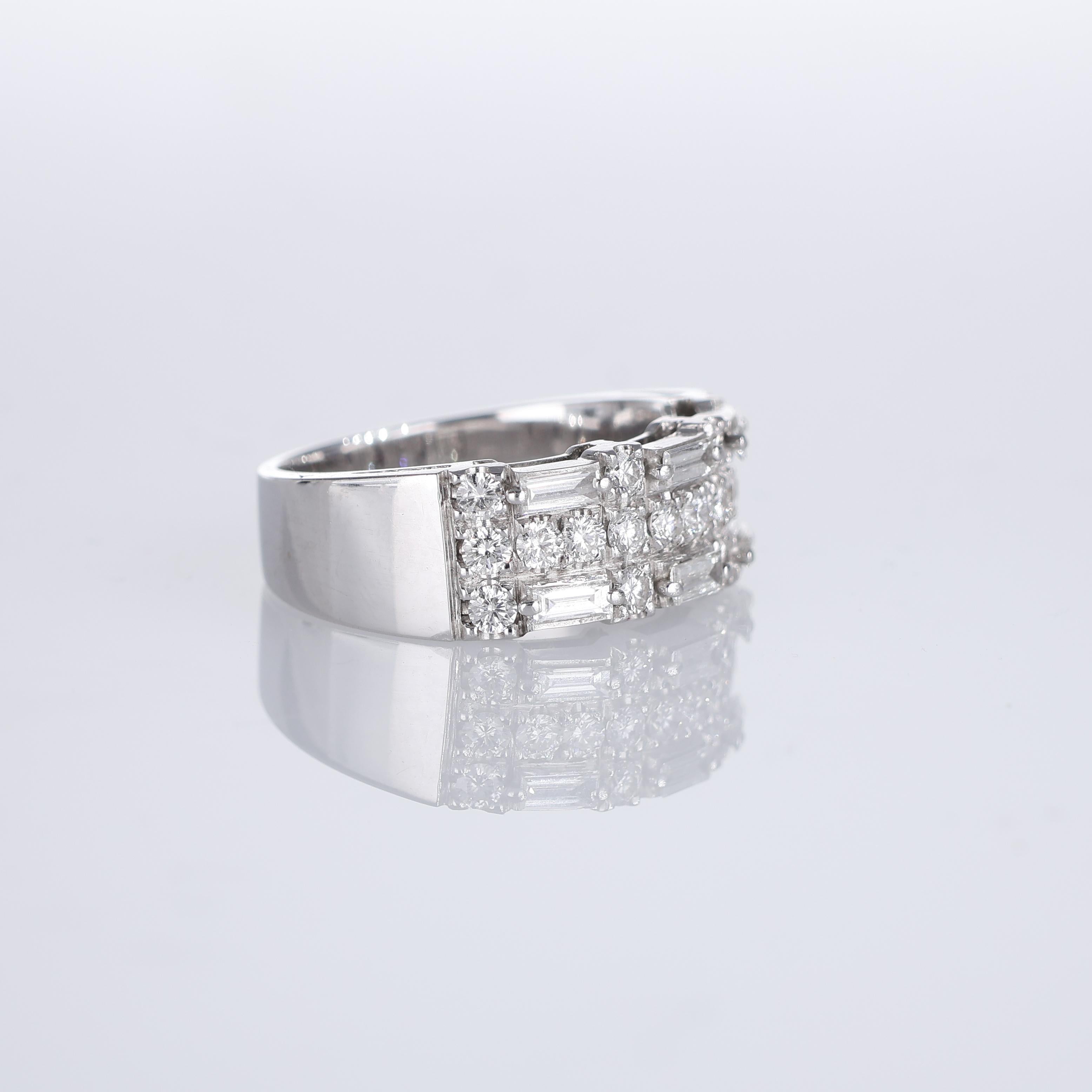 Brilliant Cut White Gold Band Ring with Baguette-Cut Diamonds For Sale