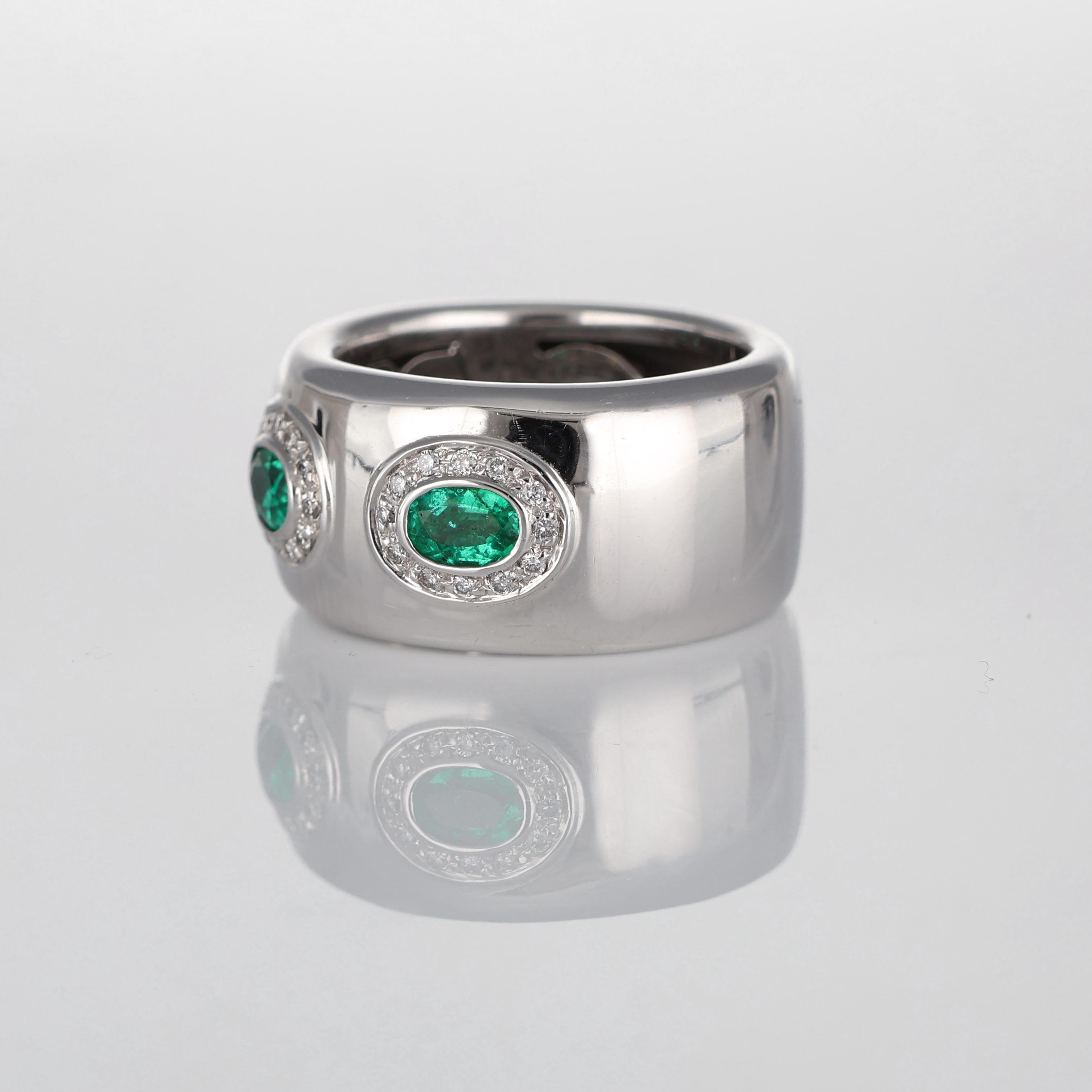 Brilliant Cut White Gold Band Ring with Emeralds 0.90 carats and Diamonds 0.25 carats For Sale