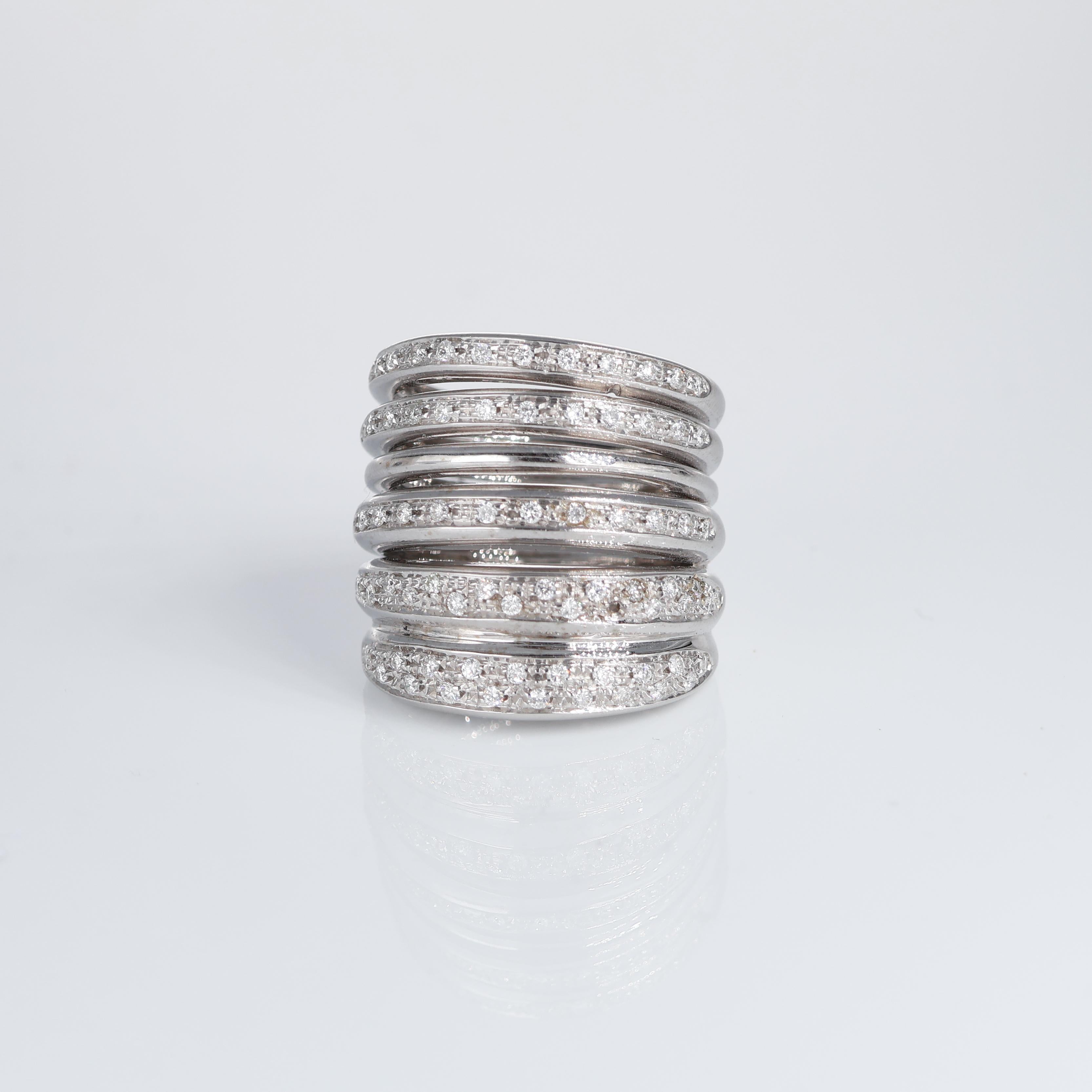 IMPORTANT NOTE:
✔ No additional costs will be added to this order.
✔ Shipping and customs duties are fully covered by us.
--------------------
This stunning high-band ring is crafted from 18 kt white gold and features a unique design of five pavé