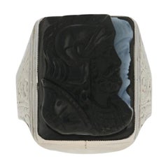White Gold Banded Agate Carved Cameo Art Deco Style Ring, 14 Karat Men's Vintage