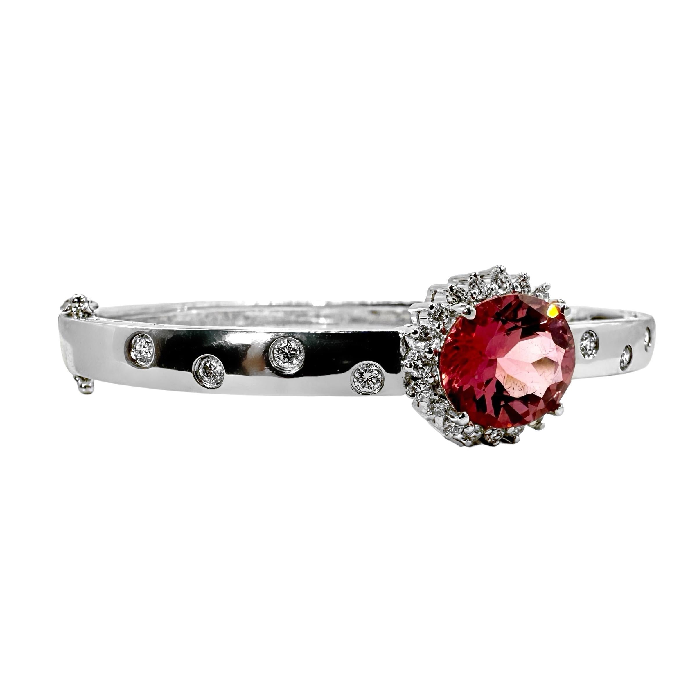 Modern White Gold Bangle Bracelet with 4.27ct Oval Pink Tourmaline and Diamond Halo For Sale