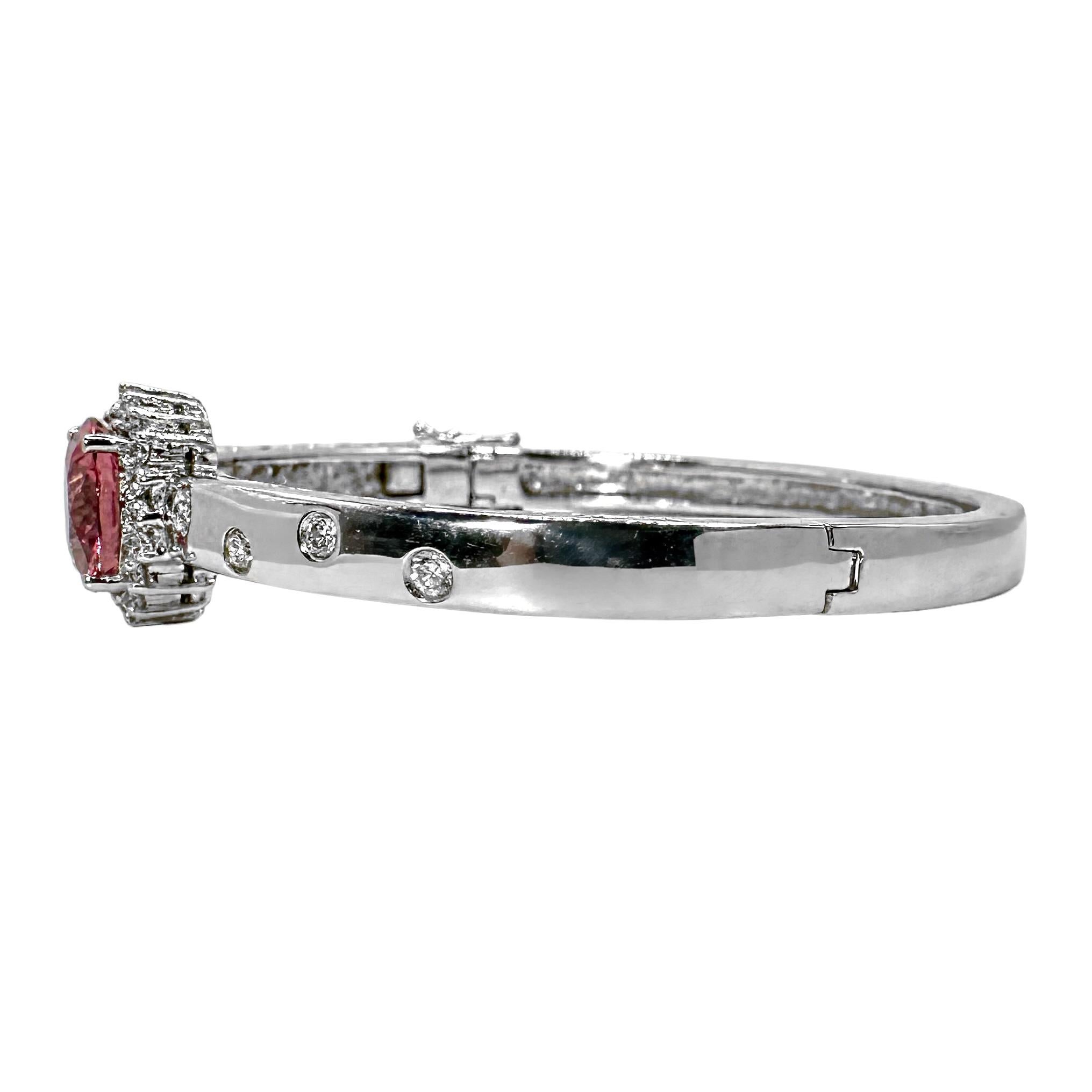 Women's White Gold Bangle Bracelet with 4.27ct Oval Pink Tourmaline and Diamond Halo For Sale