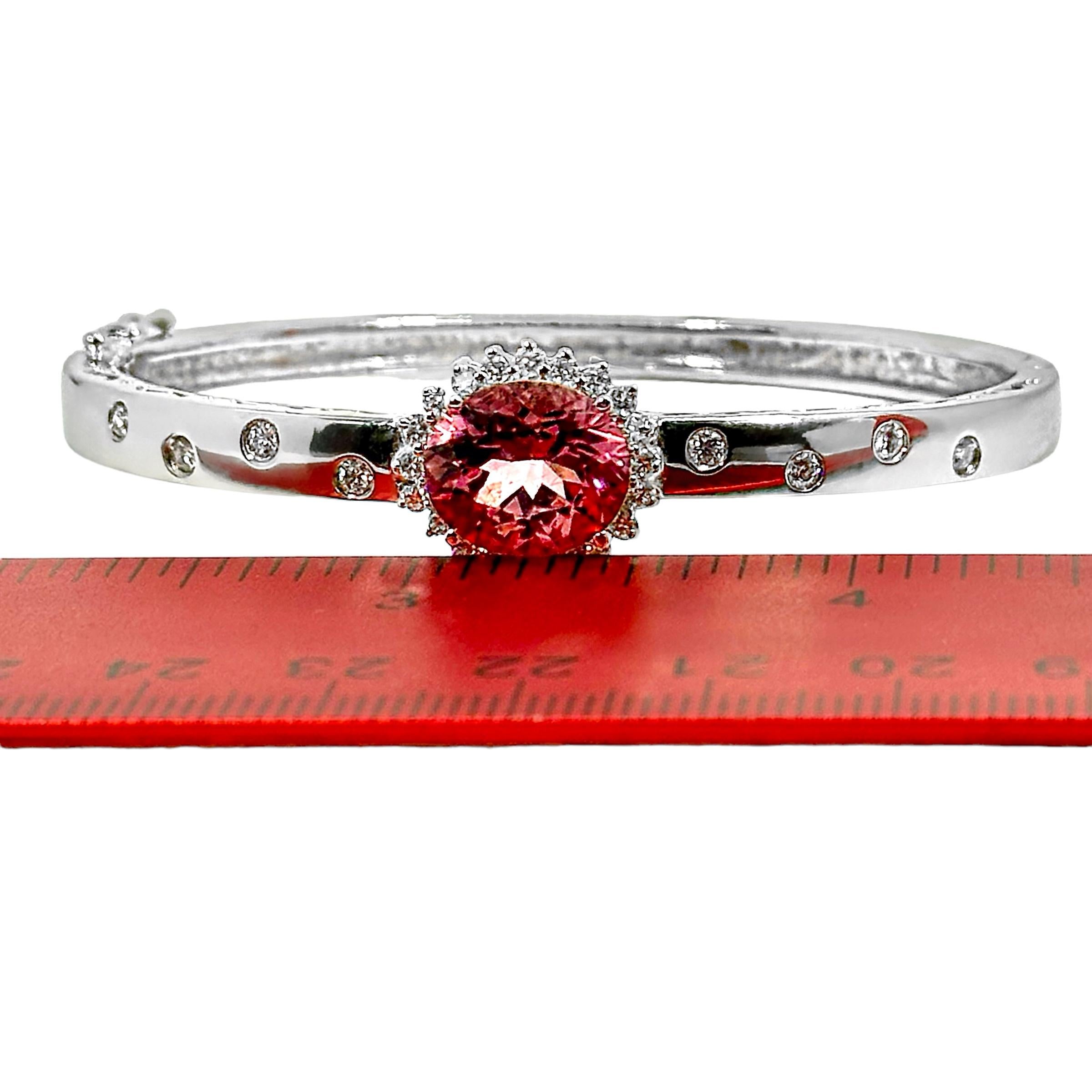 White Gold Bangle Bracelet with 4.27ct Oval Pink Tourmaline and Diamond Halo For Sale 2