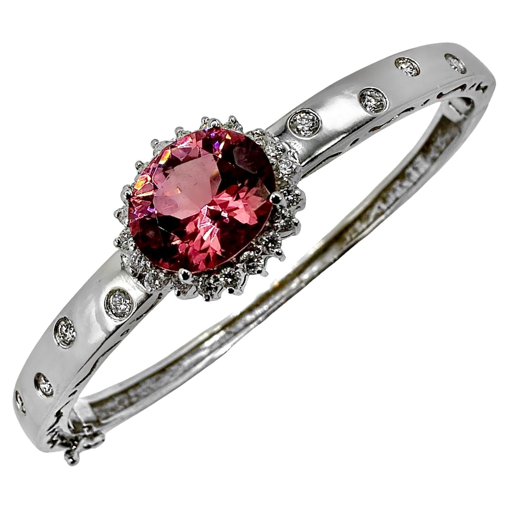 White Gold Bangle Bracelet with 4.27ct Oval Pink Tourmaline and Diamond Halo For Sale