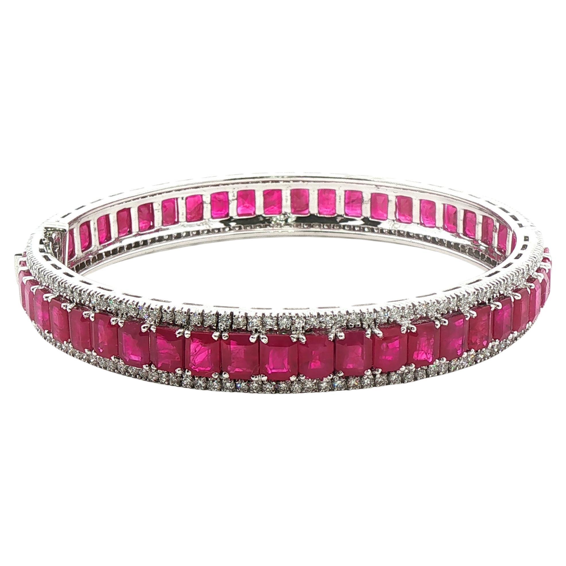 White Gold Bangle Bracelet with Square Step Cut Rubies and Brilliant Diamonds
