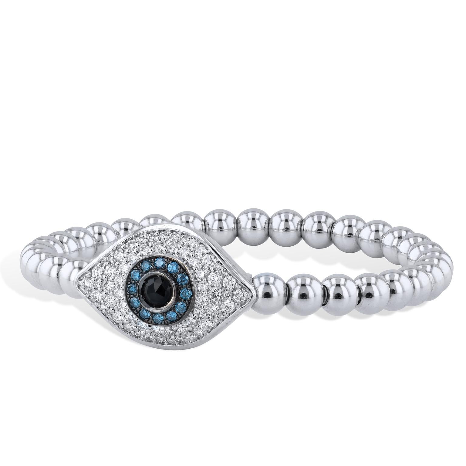 Diamond Evil Eye Bracelet 14 karat White Gold Beads, Blue Diamonds & Black Zircon

This evil eye bracelet is made of 14 karat white gold beads (5.5 millimeter bead size), on surgical steel insert, features 0.90 carats of pave-set white diamonds,