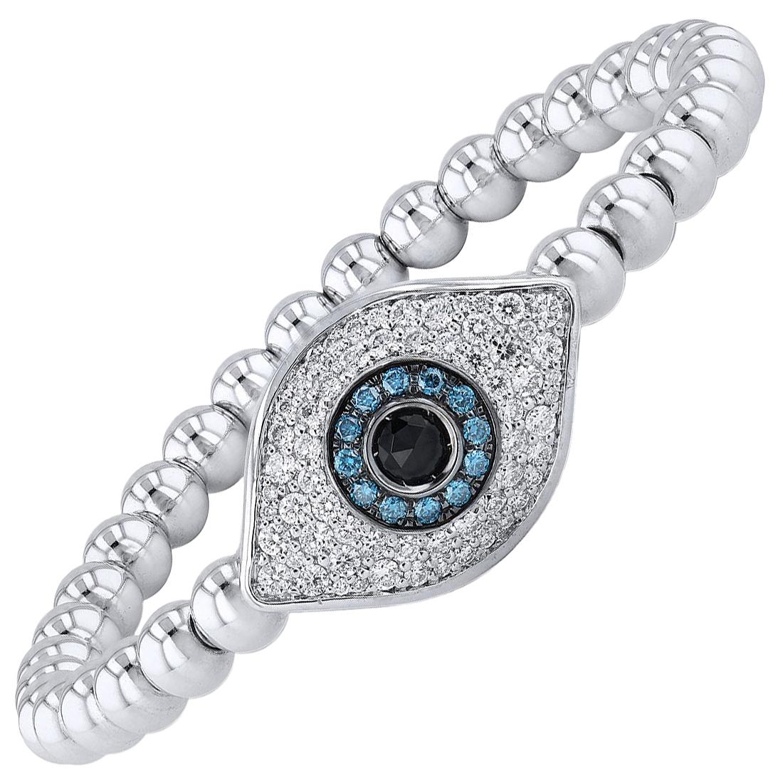 Diamond Evil Eye Bracelet 14 karat White Gold Beads, Blue Diamonds and