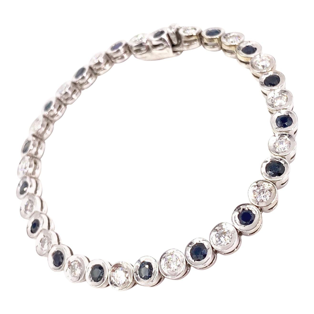 White Gold Bezel Set Diamond and Blue Sapphire Bracelet