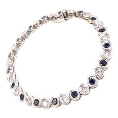 White Gold Bezel Set Diamond and Blue Sapphire Bracelet