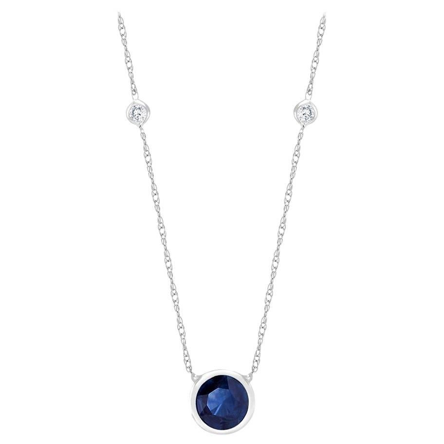 White Gold Bezel-Set Diamond Sapphire Pendant Necklace Weighing 1.55 Carat