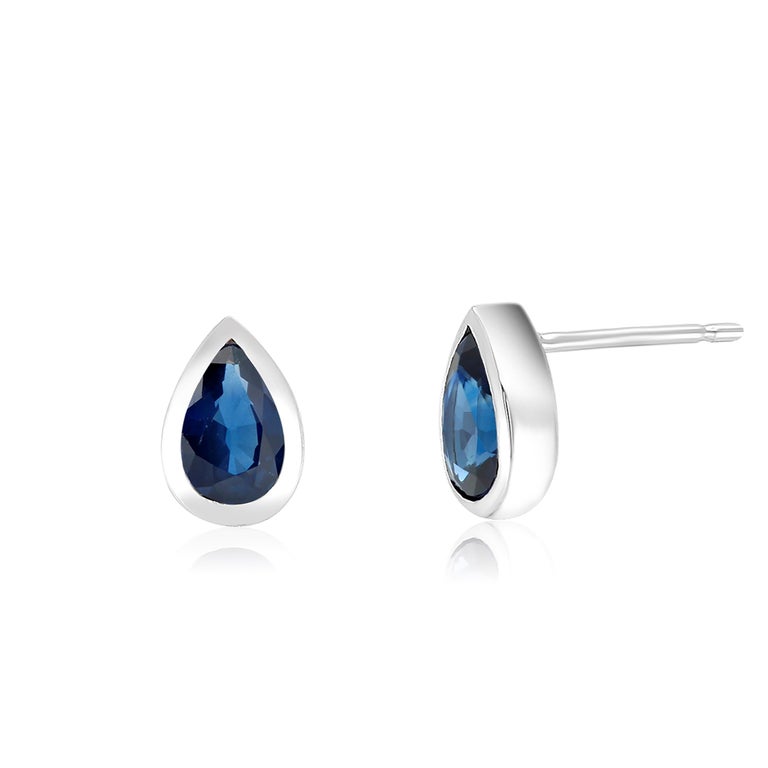 Women's or Men's White Gold Bezel Set Pair Blue Pear Shaped Sapphire Stud Earrings For Sale