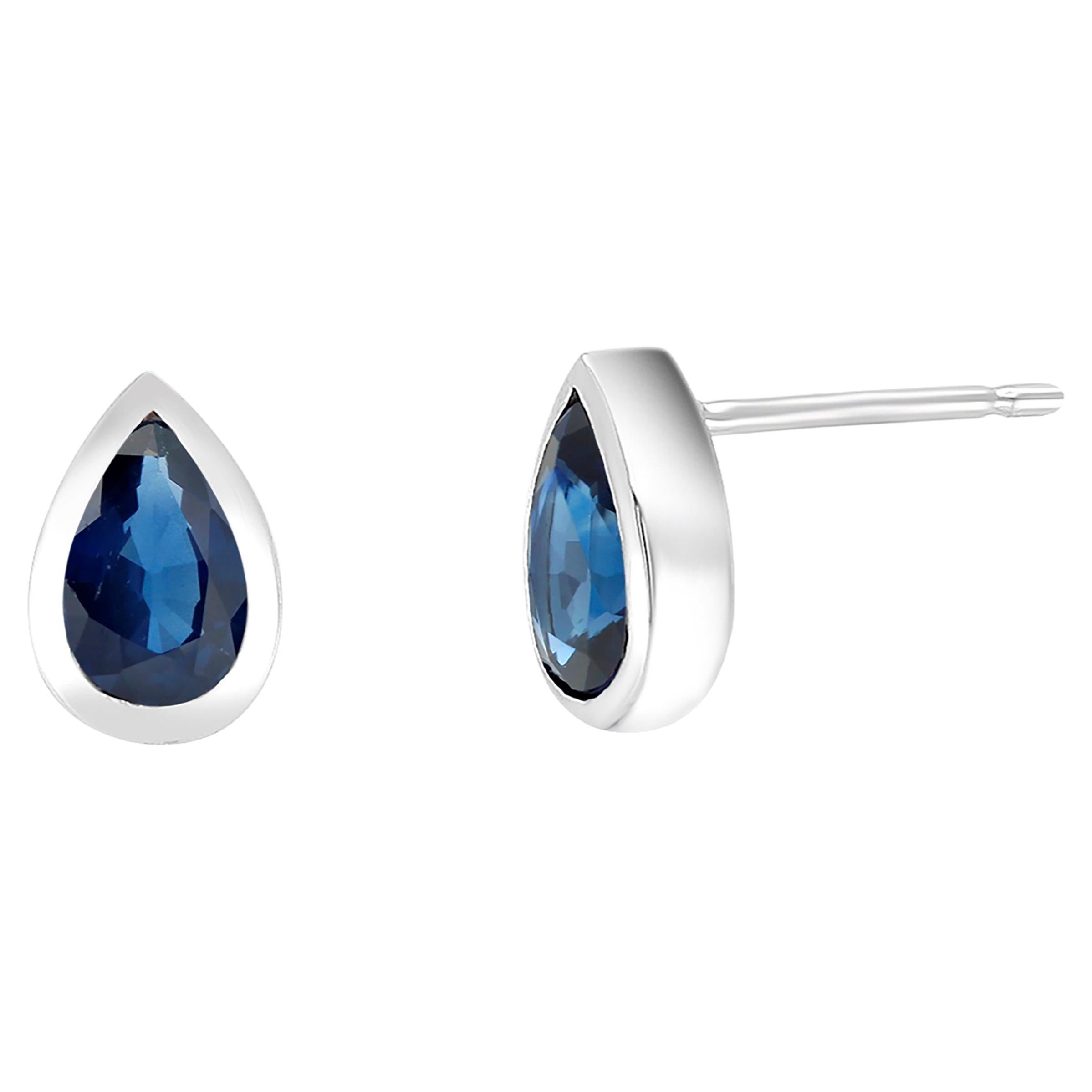 White Gold Bezel Set Pair Blue Pear Shaped Sapphire Stud Earrings