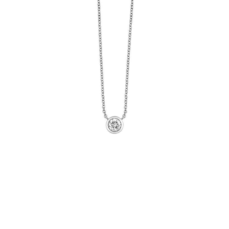Beautiful 14 karat white gold round brilliant diamond pendant. The diamond weighs over 0.50 carats. The diamond is bezel set in 14 karat white gold. 
This is a great piece that you can wear everyday.
