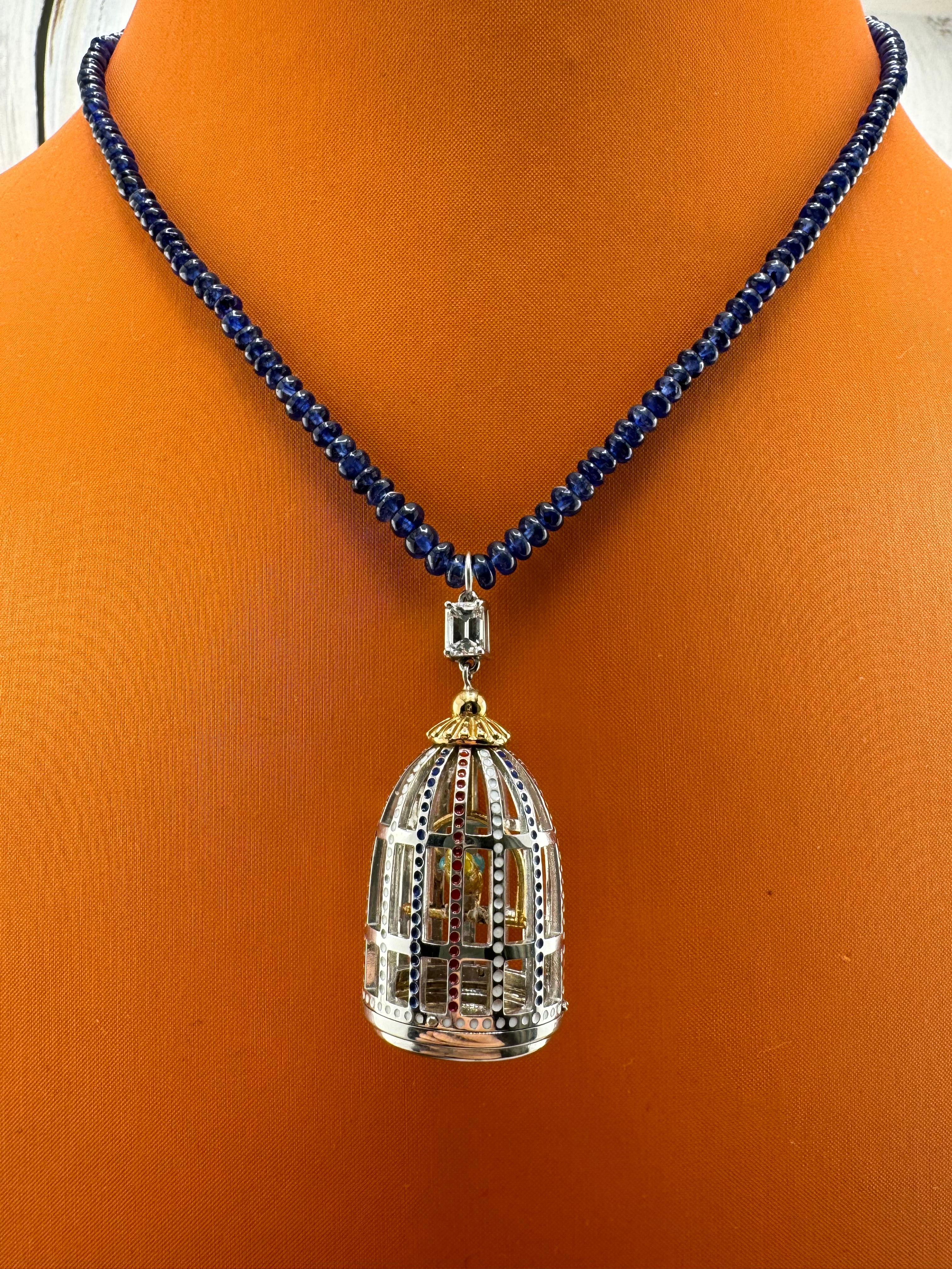 Emerald Cut White Gold Bird Cage Necklace Hand Crafted 1 of 1 Signed For Sale