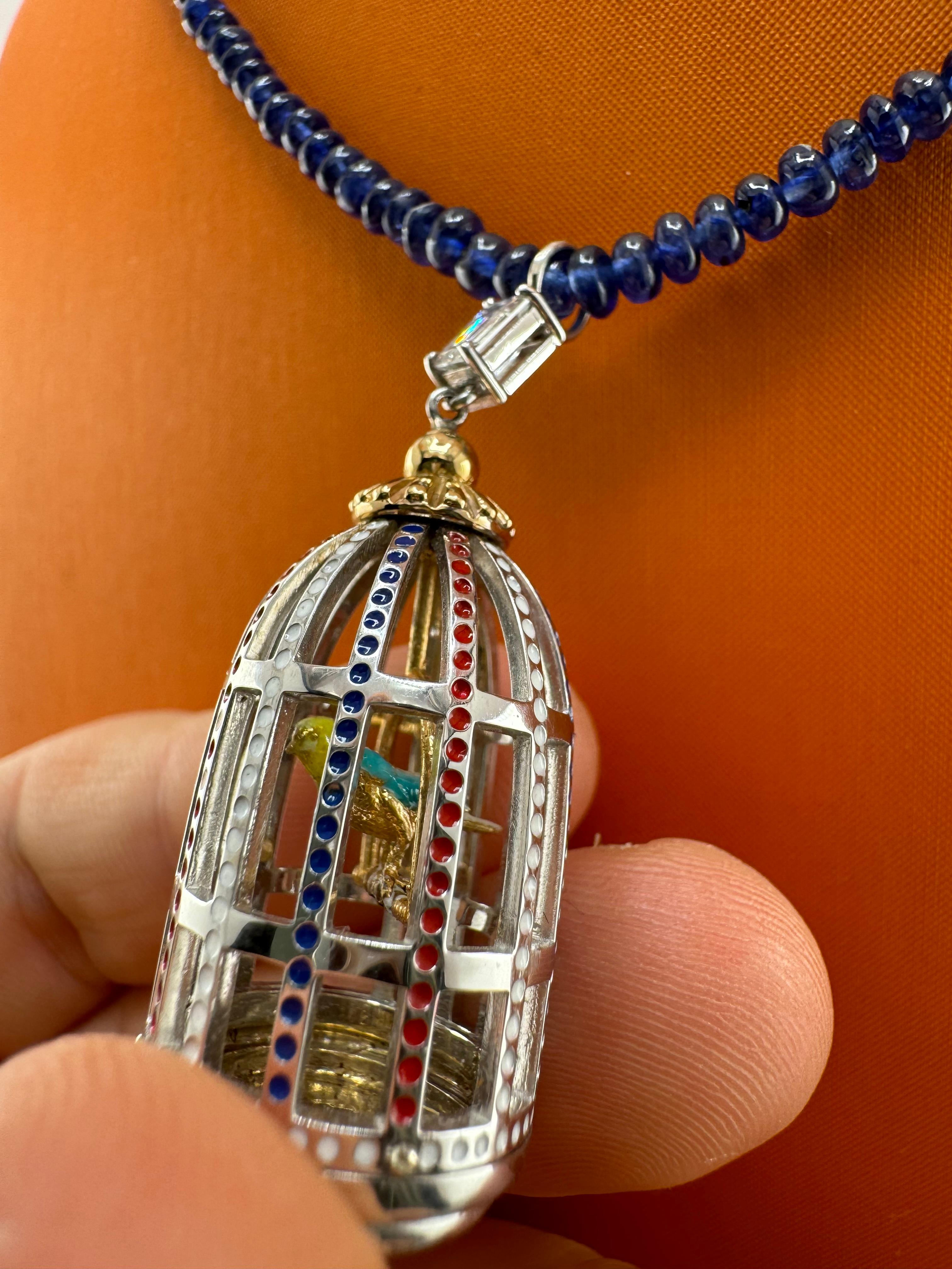 White Gold Bird Cage Necklace Hand Crafted 1 of 1 Signed In New Condition For Sale In Boca Raton, FL