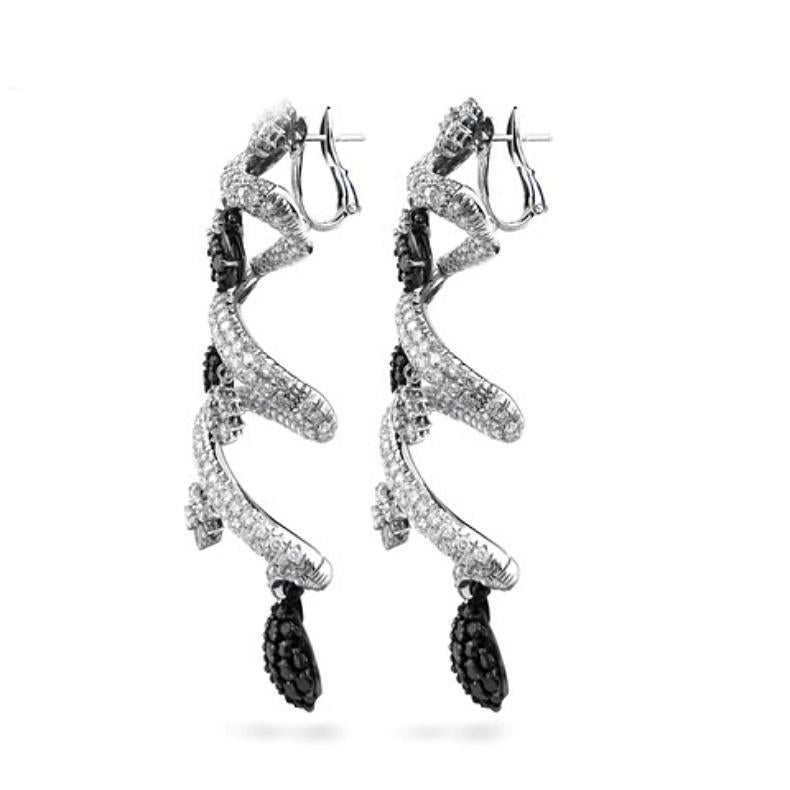 Modern White Gold Black and White Diamond Necklace and Earrings Set, 80.71 Carat For Sale