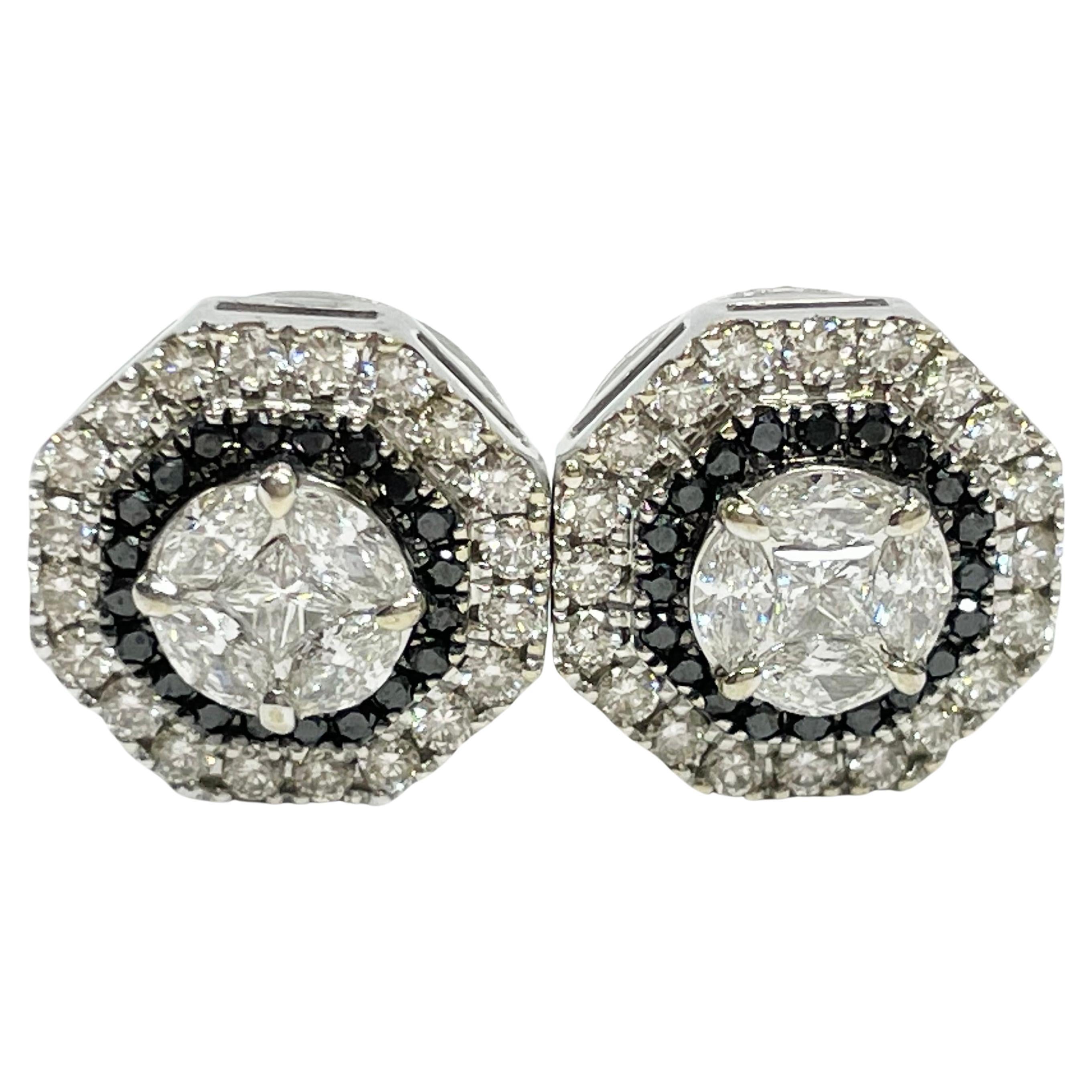 White Gold Black and White Diamond Stud Earrings For Sale