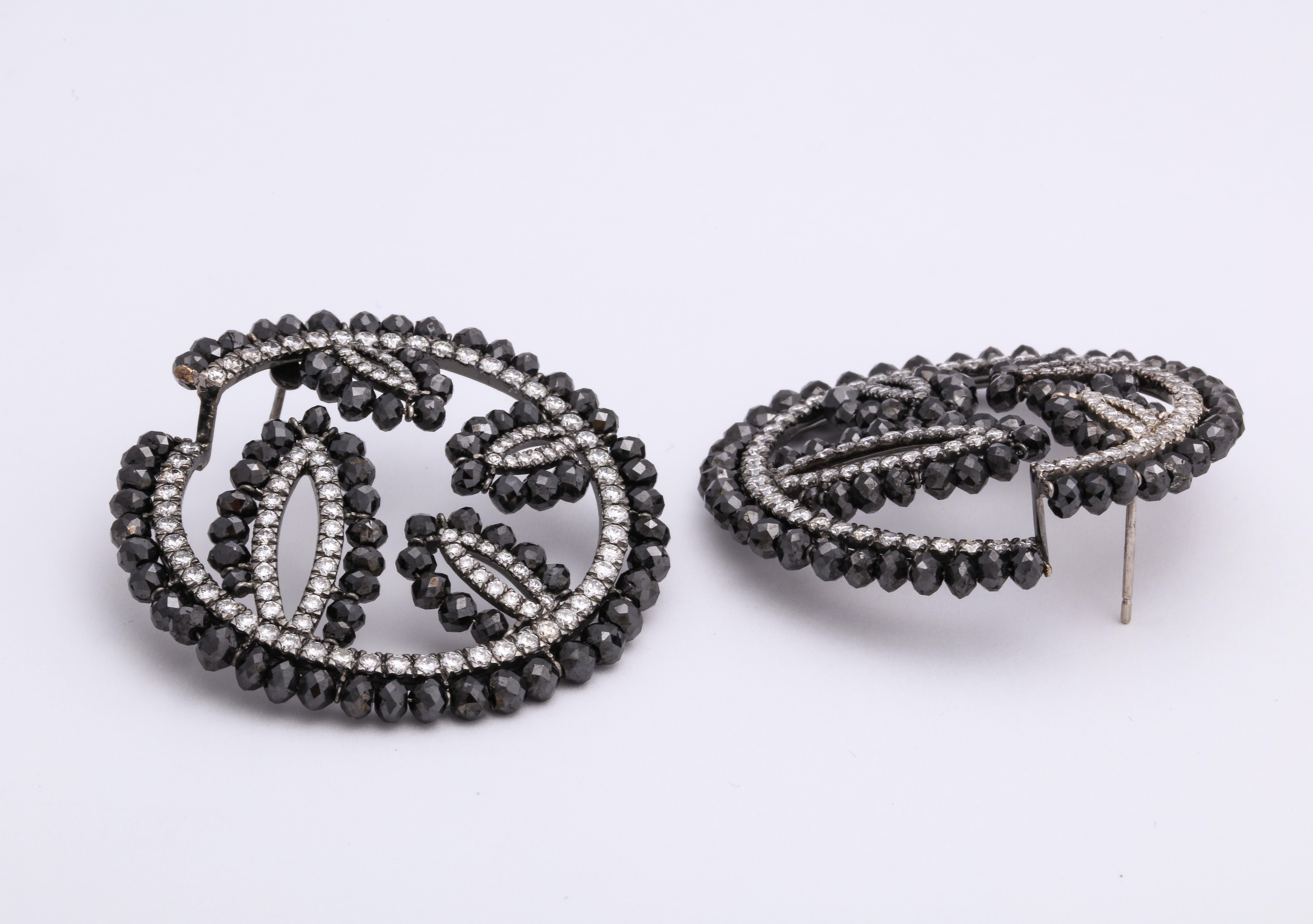 Contemporary White Gold, Black Diamond and Diamond C-Scroll Earrings For Sale