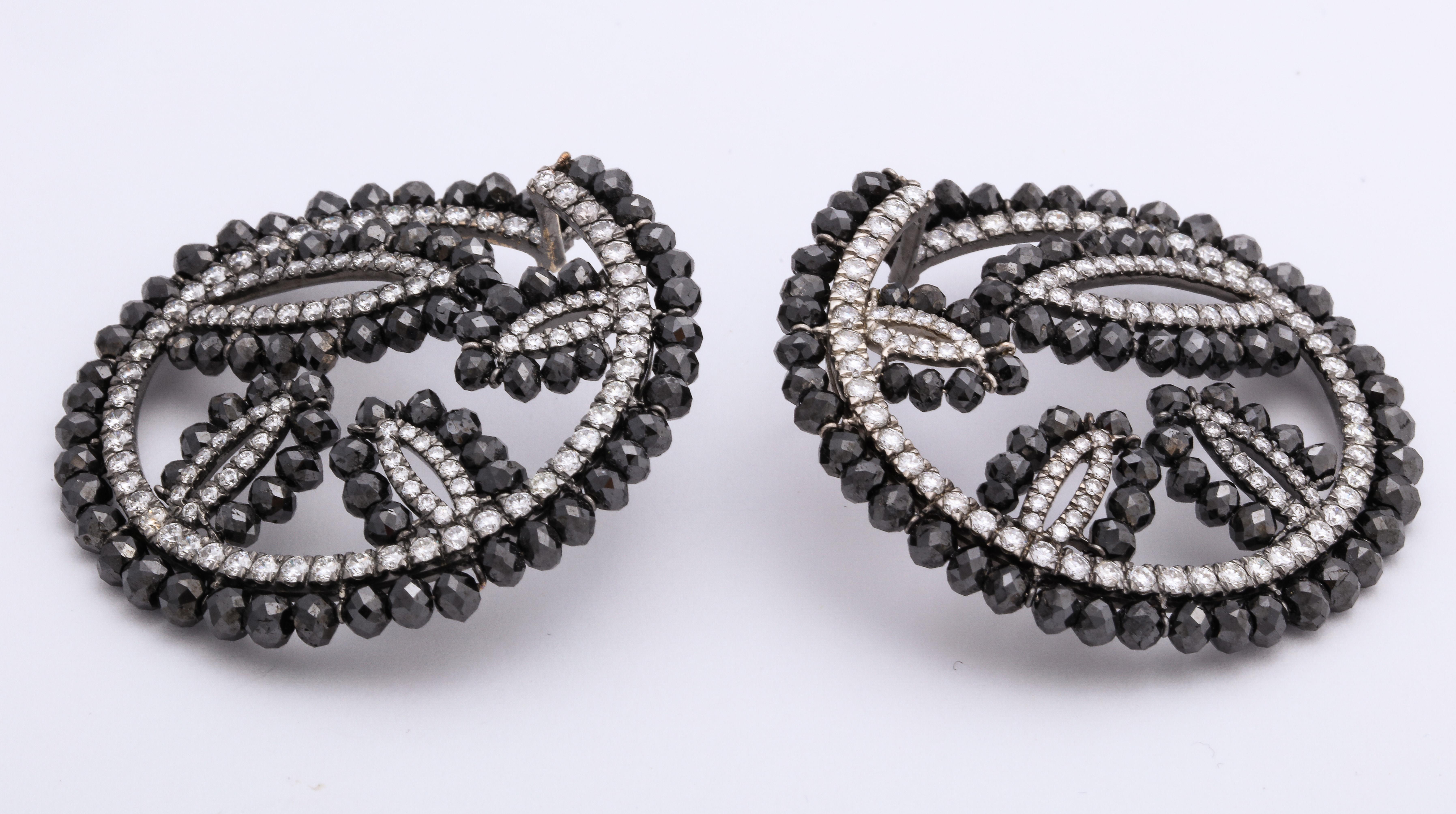 Round Cut White Gold, Black Diamond and Diamond C-Scroll Earrings For Sale