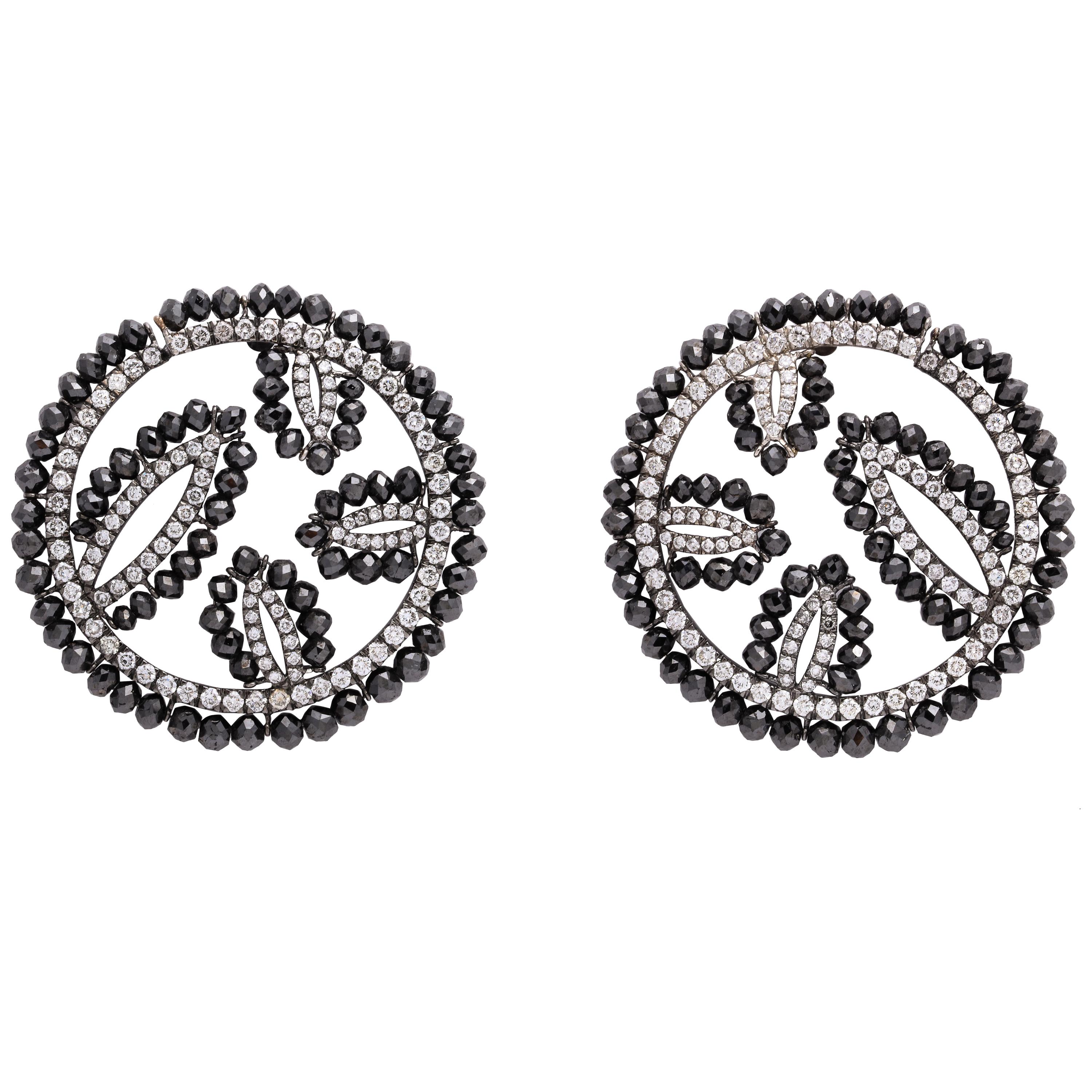 White Gold, Black Diamond and Diamond C-Scroll Earrings For Sale