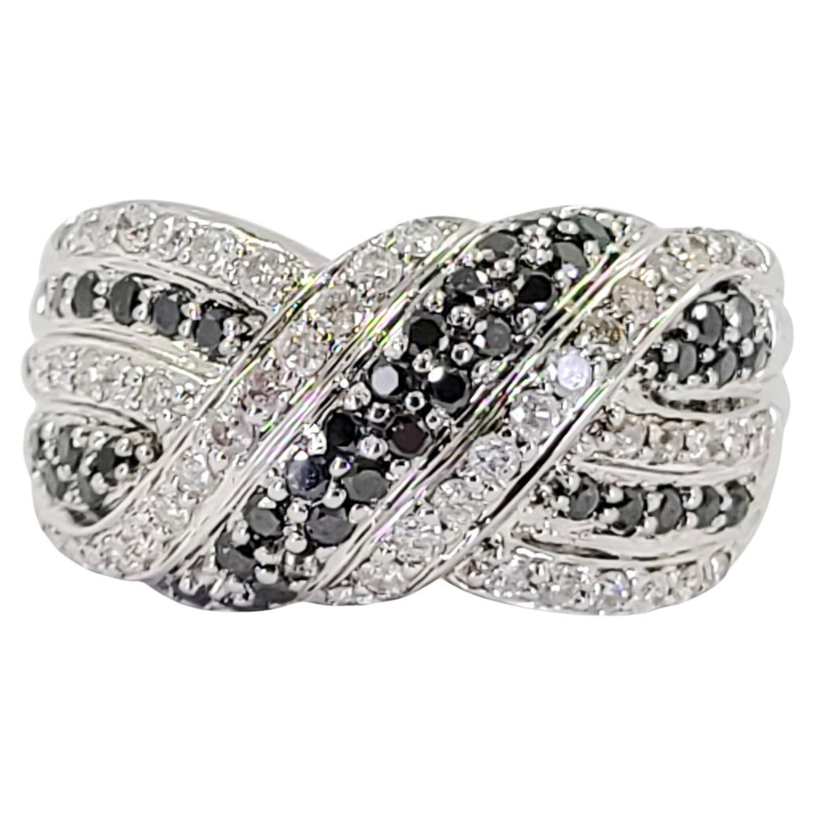 White Gold Black Diamond Crossover Band Ring For Sale